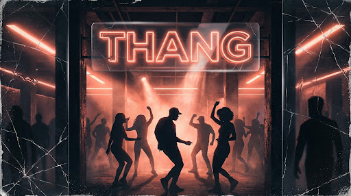 A high-fidelity editorial illustration for 'Thang' band. Gritty industrial soul meets R&B. Deep obsidian textures with glowing Sunset Coral neon accents. Silhouettes of rhythmic dancers in a hazy, cinematic underground club.