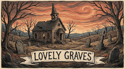 A high-fidelity editorial illustration for 'Lovely Graves'. Desolate American gothic landscape, a weathered wooden sanctuary under a bruised Sunset Coral sunset. Dark folk and bluegrass aesthetic. Textured, organic wabi-sabi feel with moody, atmospheric lighting. Soulful and desolate.