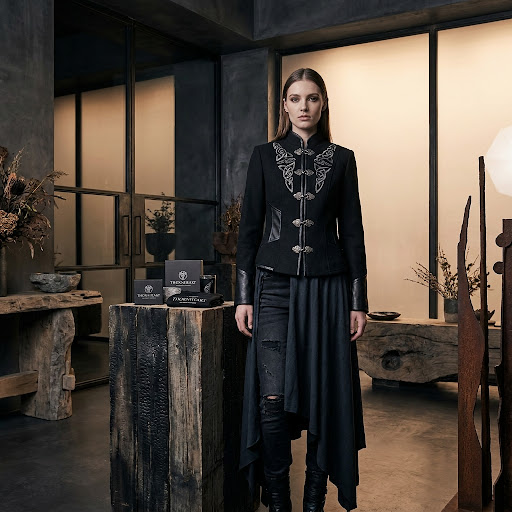 A high-end fashion model wearing 'Thornheart' dark folk-rock apparel...