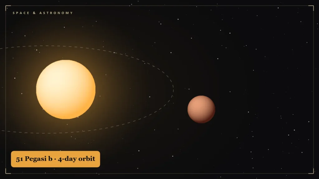 Illustration of a Sun-like star with a hot Jupiter planet on a tight orbit. Illustration for: 51 Pegasi b: The Planet That Started the Exoplanet Age