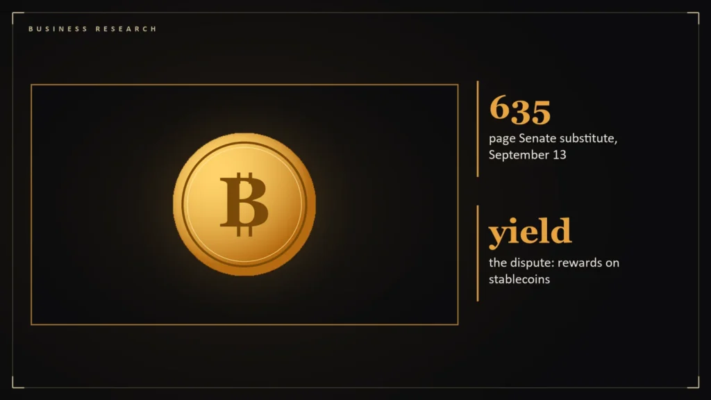 Illustration of a gold coin representing digital assets beside the article's key numbers: 635 page Senate substitute, September 13; yield the dispute: rewards on stablecoins. Illustration for: Banks Versus Crypto: Why Stablecoin Yield Is the Hardest Fight in Washington