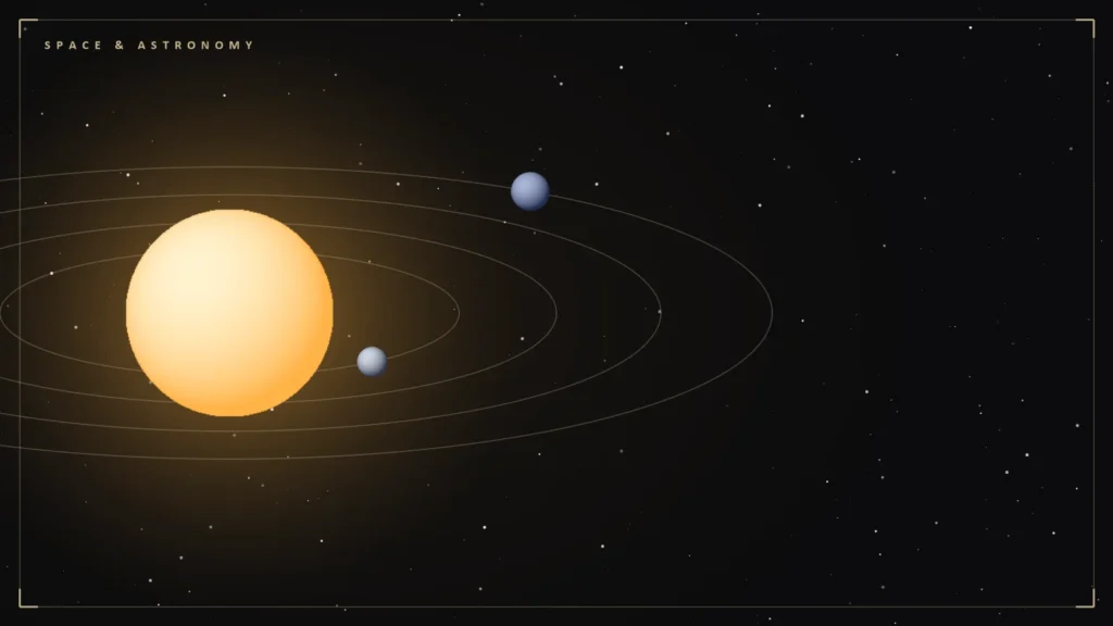 Illustration of four small planets orbiting a red-orange star. Illustration for: Four Mini-Earths Next Door: What Barnard's Star Actually Has