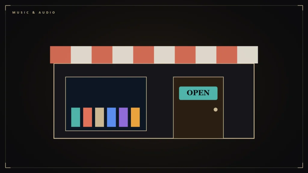 Illustration of an open record shop with a rack of albums. Illustration for: Free and Legal Lossless Music: What Exists, What to Avoid and How to Tell