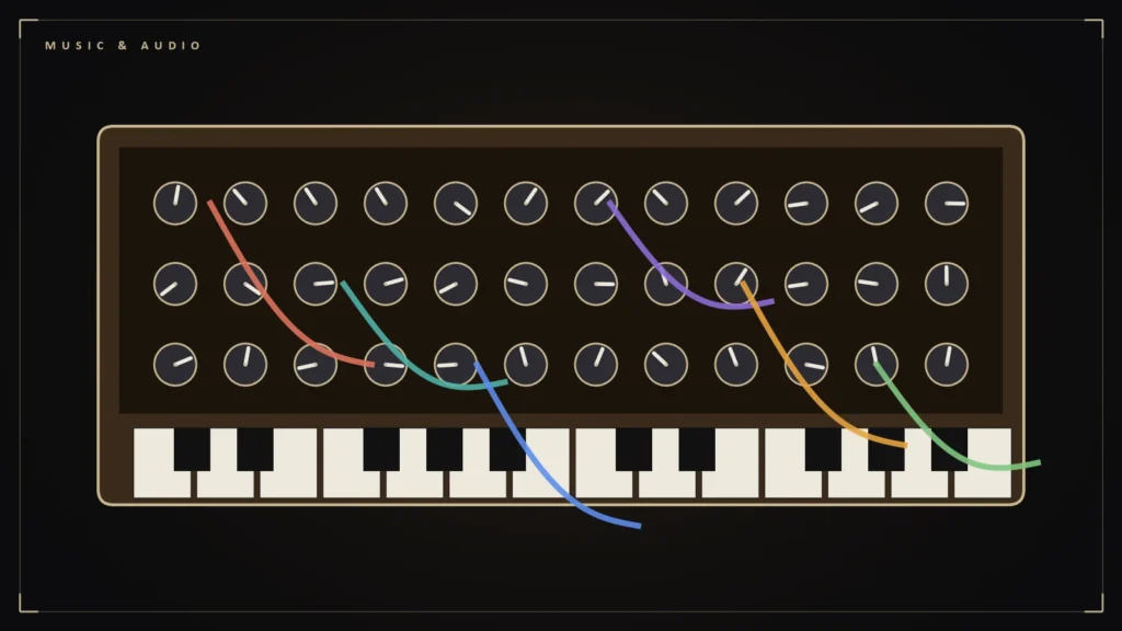 Illustration of a modular synthesizer with knobs, patch cables and keyboard. Illustration for: From Theremin Kits to Switched-On Bach: How the Moog Synthesizer Arrived