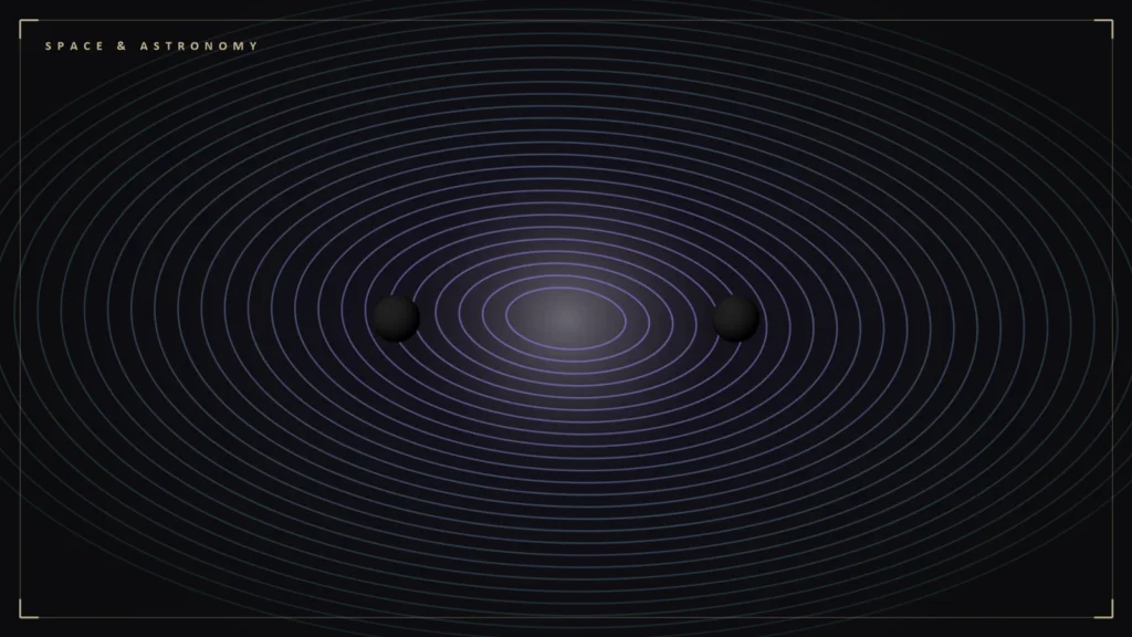 Illustration of two black holes sending out gravitational wave ripples. Illustration for: GW250114: The Loudest Gravitational Wave Ever Heard Backs Hawking's Area Theorem