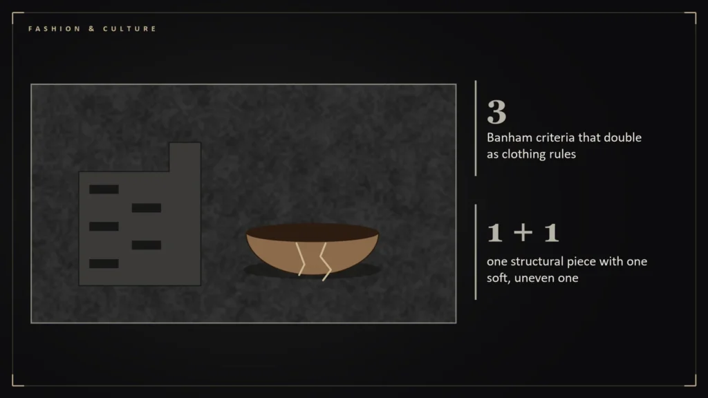 Concrete block beside a ceramic bowl beside the article's key numbers: 3 Banham criteria that double as clothing rules; 1 + 1 one structural piece with one soft, uneven one. Illustration for: How to Dress Like a Building Without Looking Like a Bunker