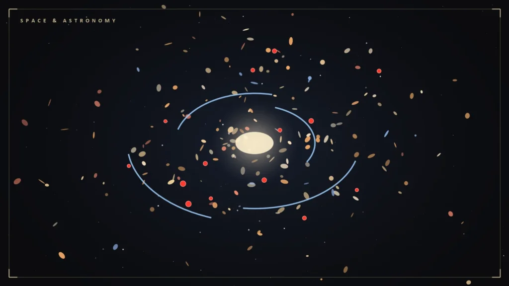 Illustration of distant galaxies with a few red dots highlighted. Illustration for: Little Red Dots: Webb's Strangest Clue to How Black Holes Got So Big So Fast