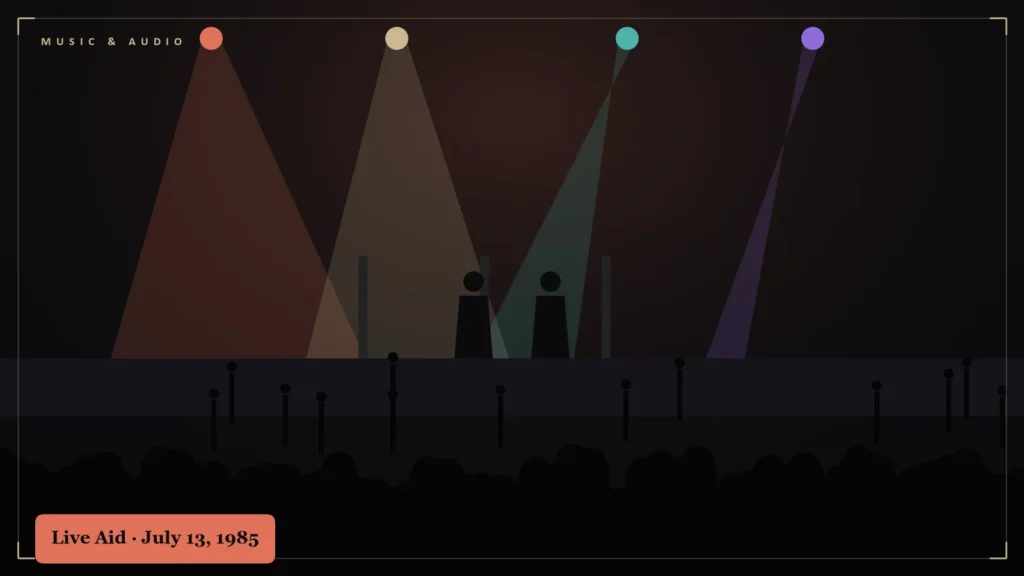 Silhouetted crowd facing a concert stage lit by colored spotlights. Illustration for: Live Aid, July 13, 1985: Sixteen Hours, Two Stadiums, One Planet
