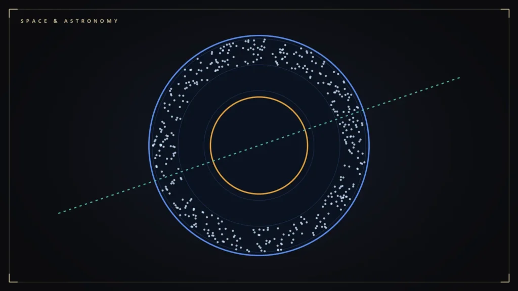 Illustration of a spherical neutrino detector lined with light sensors and a particle track. Illustration for: No Fourth Neutrino: MicroBooNE Closes One Door and Leaves the Mystery Open