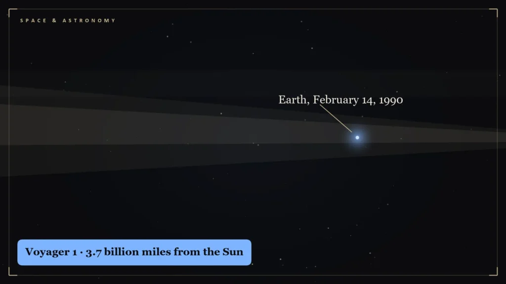 Illustration of Earth as a single pale blue dot caught in a beam of sunlight. Illustration for: Pale Blue Dot: The Photograph Voyager 1 Took Looking Back