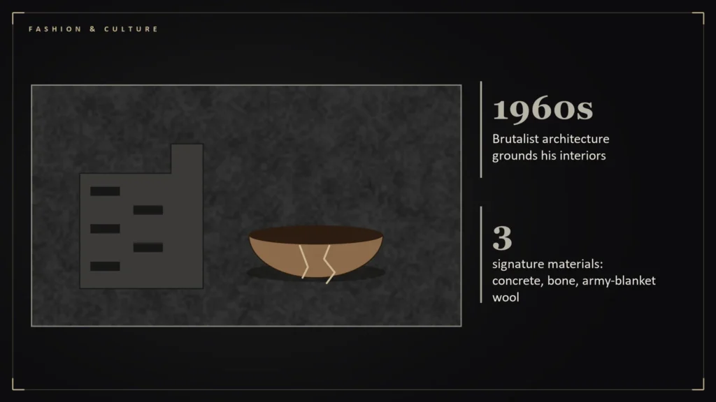 Concrete block and ceramic bowl evoking a concrete wardrobe beside the article's key numbers: 1960s Brutalist architecture grounds his interiors; 3 signature materials: concrete, bone, army-blanket wool. Illustration for: Rick Owens and the Concrete Wardrobe