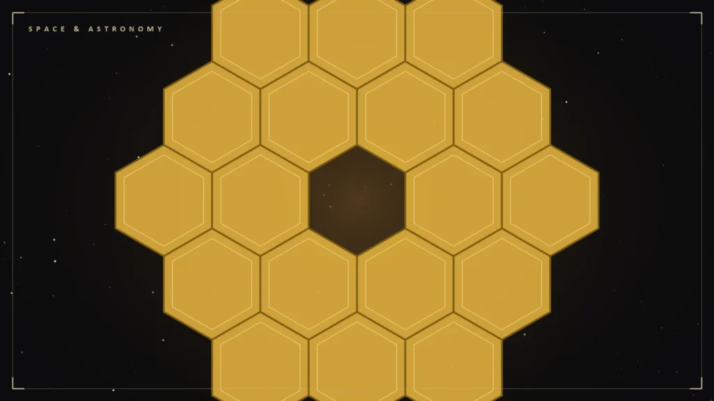 Illustration of a hexagonal segmented space telescope mirror. Illustration for: Roman Space Telescope Launches: A Wide-Angle Eye Heads for L2