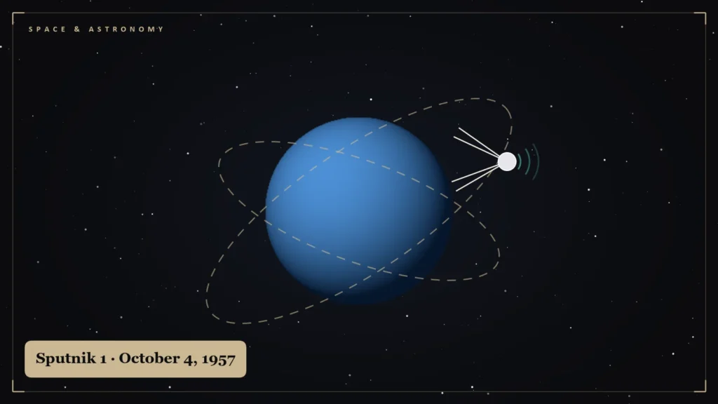 Illustration of Sputnik 1 with four antennas orbiting Earth and sending radio beeps. Illustration for: Sputnik 1: The Beep Heard Round the World, October 4, 1957