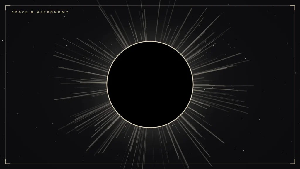 Illustration of a total solar eclipse with the Sun's corona streaming around a black disc. Illustration for: The August 12, 2026 Eclipse: Clouded Out in Iceland, Clear Over Spain