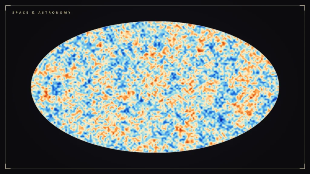 Illustration of the cosmic microwave background as a mottled oval sky map. Illustration for: The Cosmic Microwave Background: A Hiss Found by Accident in 1965