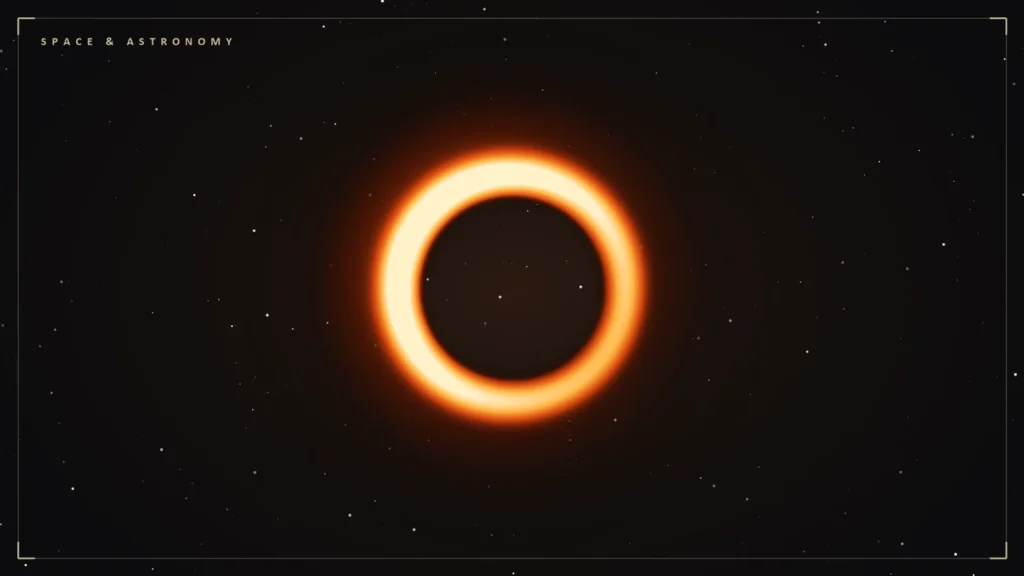 Illustration of a black hole shadow ringed by glowing gas. Illustration for: The First Image of a Black Hole: An Earth-Sized Telescope of Eight