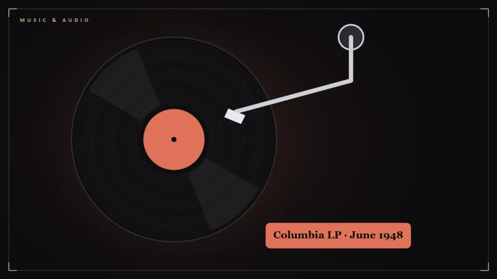 Illustration of a vinyl LP on a turntable with a tonearm. Illustration for: The First LP, June 1948: Twenty-Three Minutes a Side