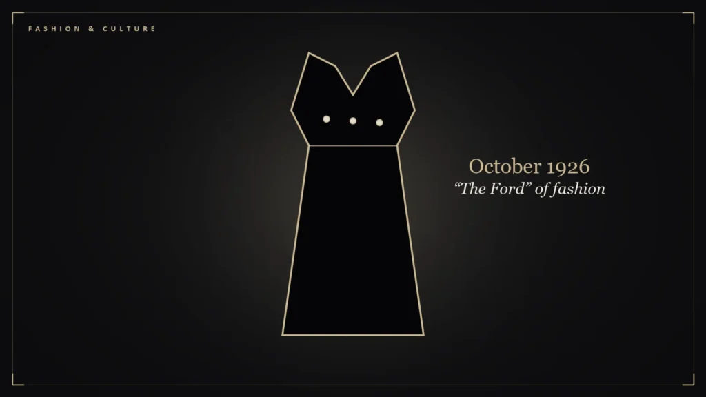 Black dress silhouette on a gold-lit backdrop, marking the little black dress of 1926. Illustration for: The Little Black Dress: Vogue's 1926 'Ford of Fashion'