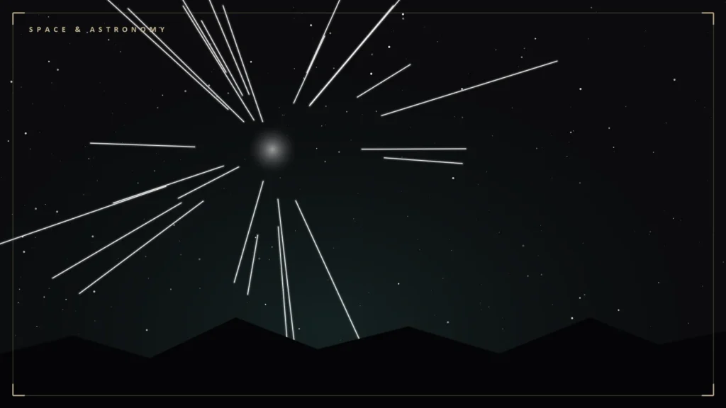 Illustration of Perseid meteors radiating from a point above a dark horizon. Illustration for: The Perseids Begin: Dust From a Comet That Last Visited in 1992