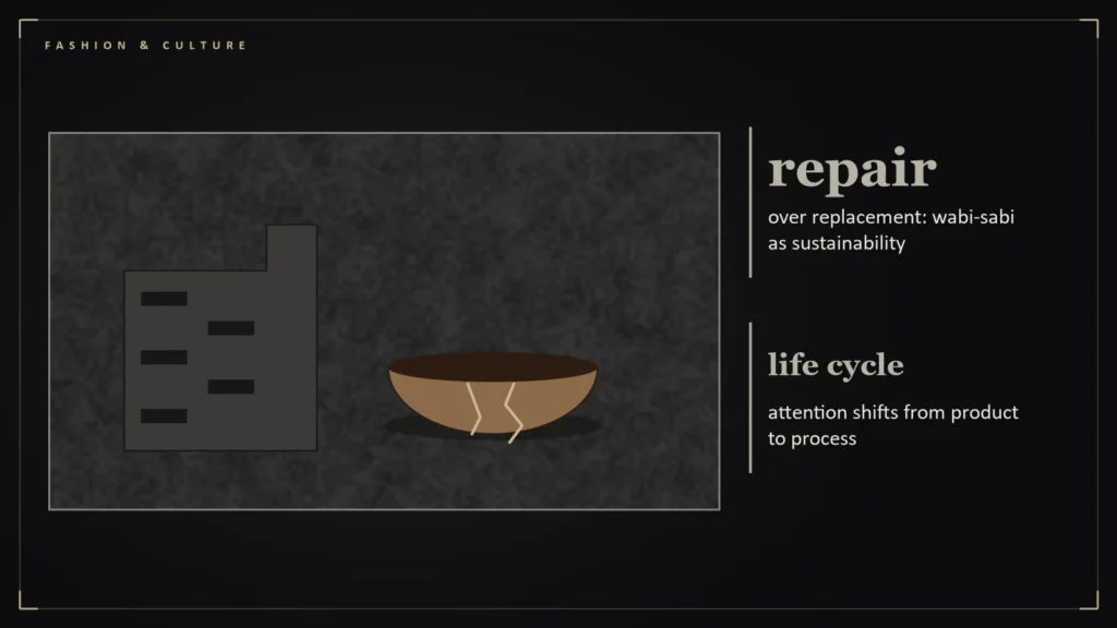Concrete block and a repaired ceramic bowl with gold seams beside the article's key numbers: repair over replacement: wabi-sabi as sustainability; life cycle attention shifts from product to process. Illustration for: The Real Wabi-Sabi Is Repair: Imperfection as a Sustainability Strategy