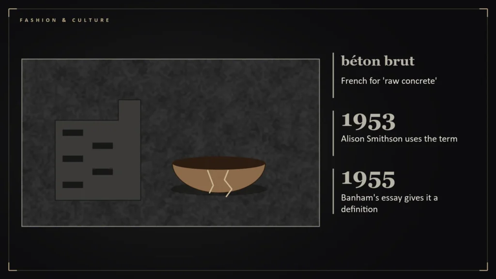 Concrete brutalist block beside a cracked ceramic bowl beside the article's key numbers: béton brut French for 'raw concrete'; 1953 Alison Smithson uses the term; 1955 Banham's essay gives it a definition. Illustration for: The Word Behind the Style: Where “Brutalism” Really Comes From