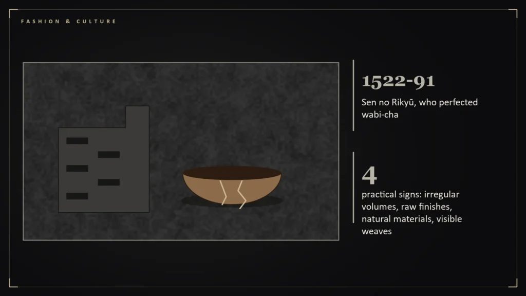 Rough concrete and a repaired ceramic bowl illustrating wabi-sabi beside the article's key numbers: 1522-91 Sen no Rikyū, who perfected wabi-cha; 4 practical signs: irregular volumes, raw finishes, natural materials, visible weaves. Illustration for: Wabi-Sabi, Properly: A Short Guide for People Who