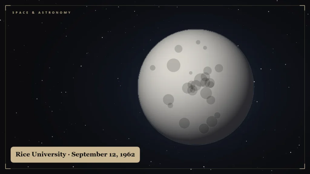Illustration of the Moon with craters against a starfield. Illustration for: 'We Choose to Go to the Moon': Kennedy at Rice, September 12, 1962