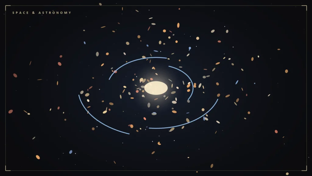 Illustration of a galaxy cluster bending light from distant galaxies into arcs. Illustration for: Webb's First Deep Field: A Grain of Sand Held at Arm's Length