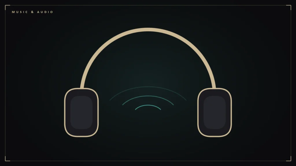 Illustration of over-ear headphones with sound waves for a listening test. Illustration for: What the Research Says About Hearing Lossless: Two Studies and Their Limits