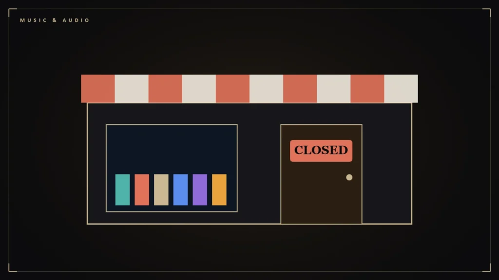 Illustration of a record shop front with a closed sign. Illustration for: Where to Buy Lossless Music in 2026 (and One Store That Just Closed)