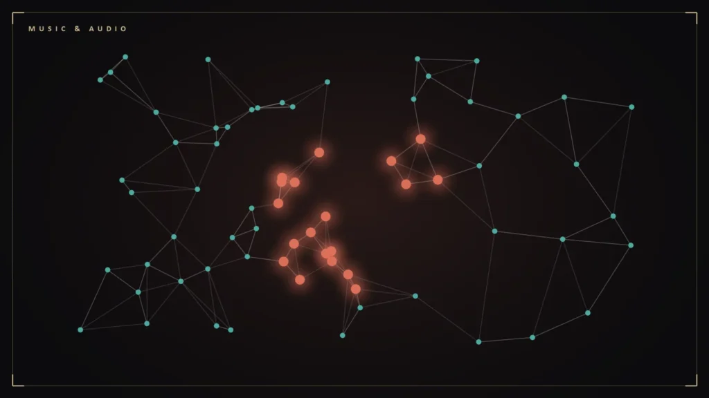 Illustration of a neural network with a cluster of glowing reward-circuit nodes. Illustration for: Why Music Gives You Chills: What the Dopamine Study Found
