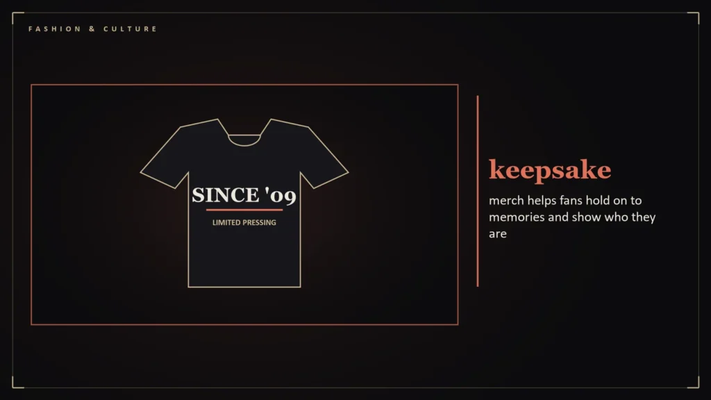 Illustration of a concert t-shirt beside the article's key numbers: keepsake merch helps fans hold on to memories and show who they are. Illustration for: Why We Keep the Shirt: The Psychology of the Merch Table