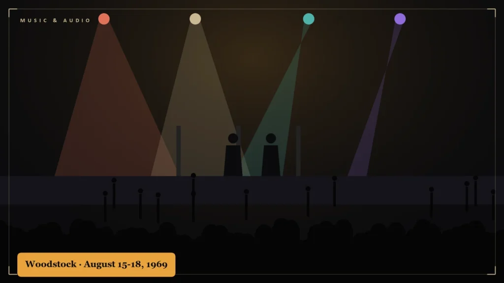 Silhouetted festival crowd facing a stage with colored spotlights. Illustration for: Woodstock, August 15, 1969: The Numbers Behind the Legend